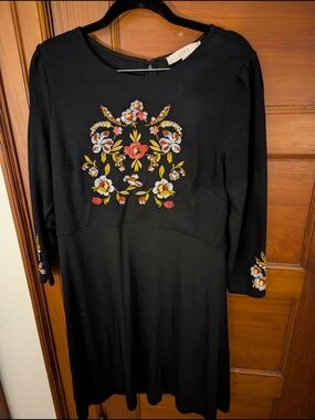 LOFT Black Long Sleeve Dress with Multicolor Floral Embroidery